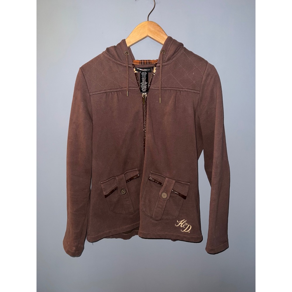 Harley Davidson Womens Brown Embroidered Zip Up Hoodie Plaid Lined Jacket L